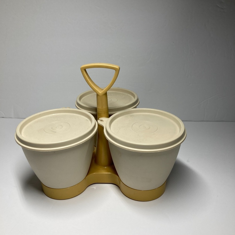 Vintage Tupperware Condiment Caddy with Lids Gold & Almond‎ 3 Compartment Retro